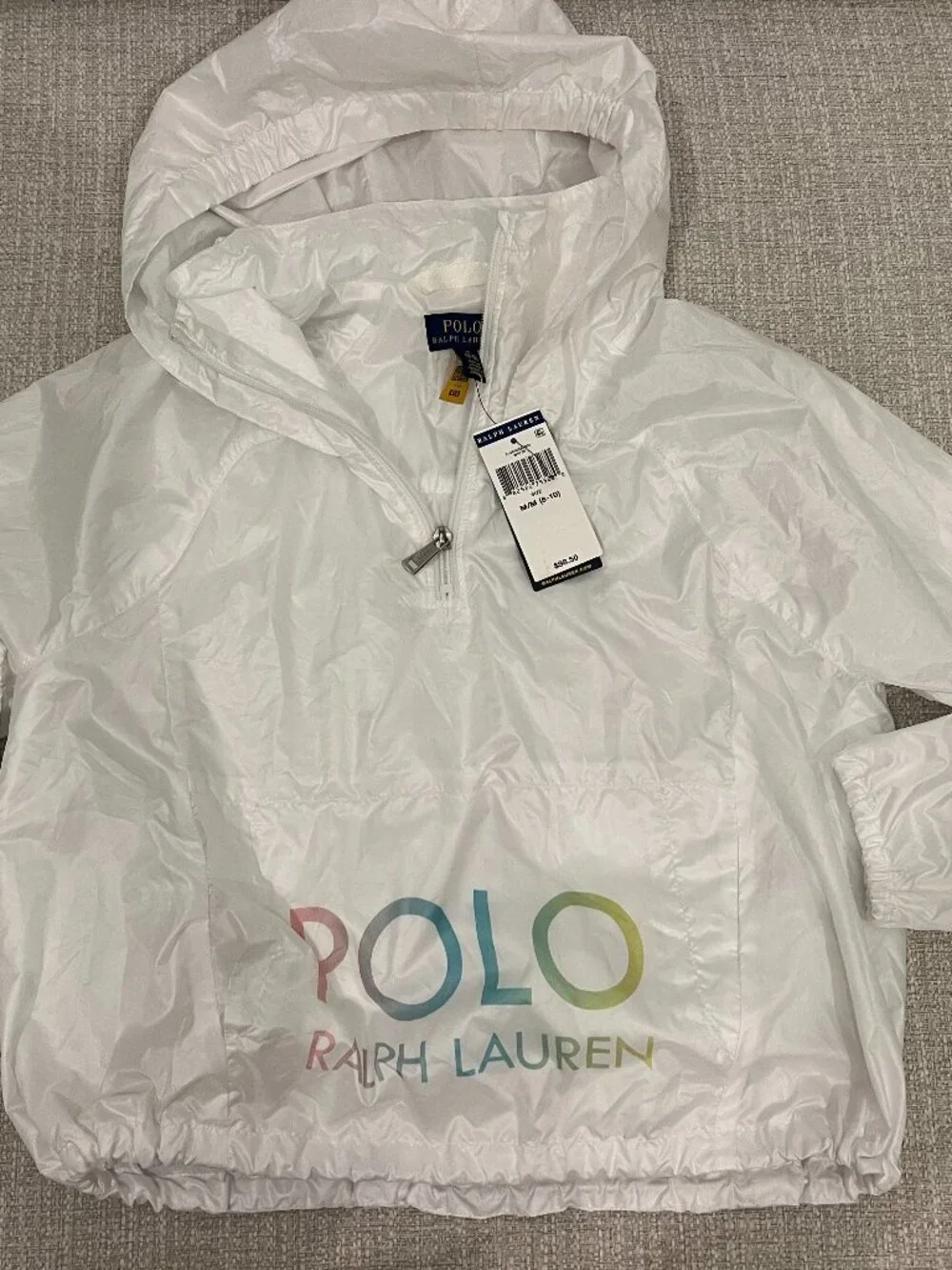 NWT Polo Ralph Lauren Girls Packable Hooded Windbreaker White Size M 8-10